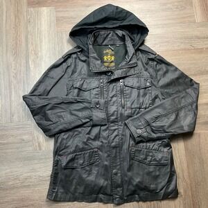 Buffalo David Bitton Waxed Cotton Hooded Utility Jacket Mens XL Black Retro Work